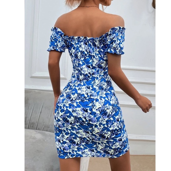 Boho Blue & White Off Shoulder Bodycon Dress - Picture 2 of 5